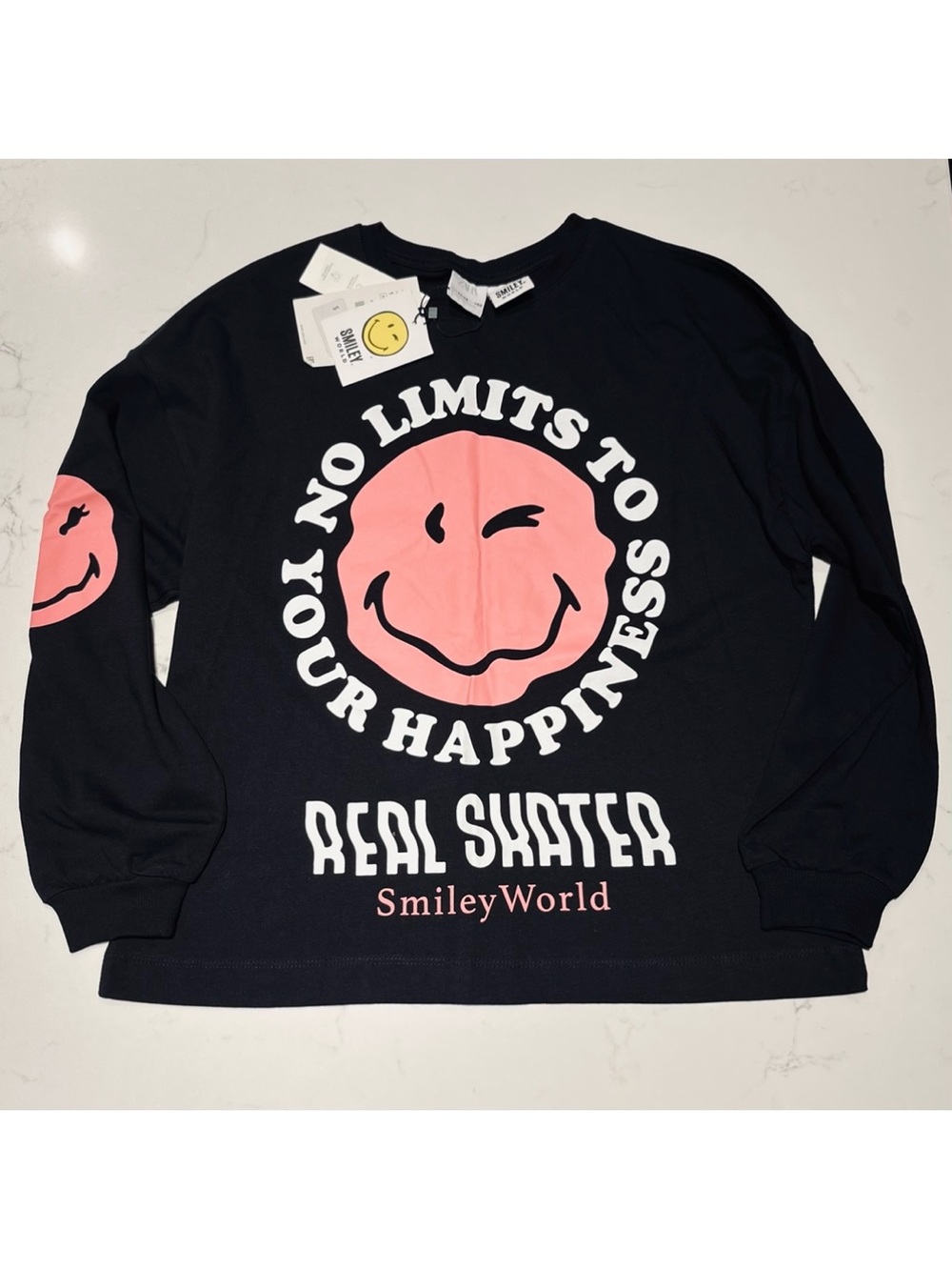 Zara • 11-12 152 CM • Smiley World Long Sleeve Black T Shirt Pink Smiley Graphic